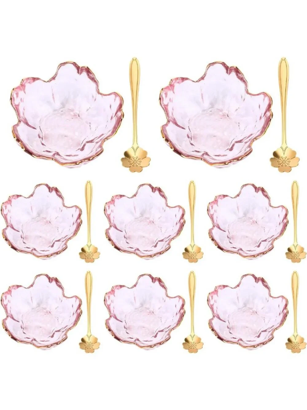 Set of 8 Mini Pink Cherry Blossom Bowls with Flower Spoons - Elegant Tableware
